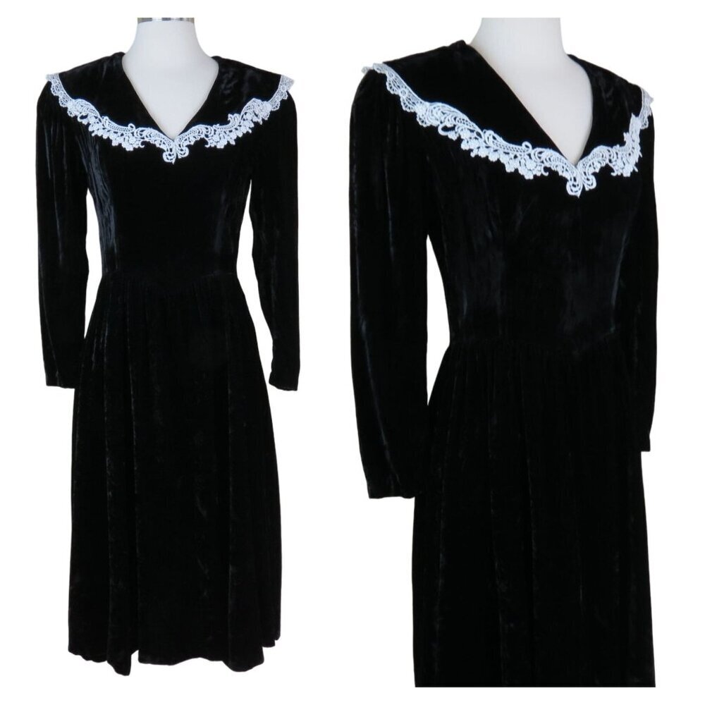Vintage GUNNE SAX Women's Black Velvet Dress Size 9 Long Sleeve Lace Collar